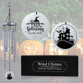 Silver-colored Personalized Halloween wind chime with haunted house design